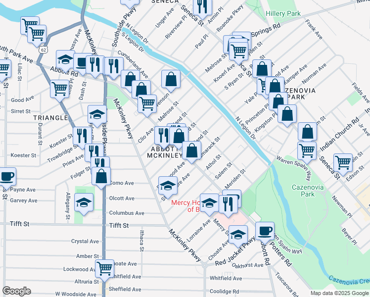 map of restaurants, bars, coffee shops, grocery stores, and more near 21 Portland Street in Buffalo