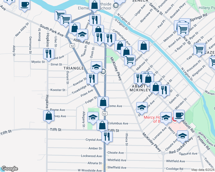 map of restaurants, bars, coffee shops, grocery stores, and more near 121 Southside Parkway in Buffalo
