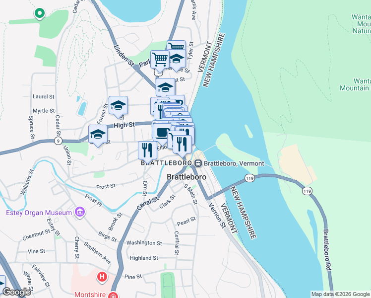map of restaurants, bars, coffee shops, grocery stores, and more near 82 Main Street in Brattleboro