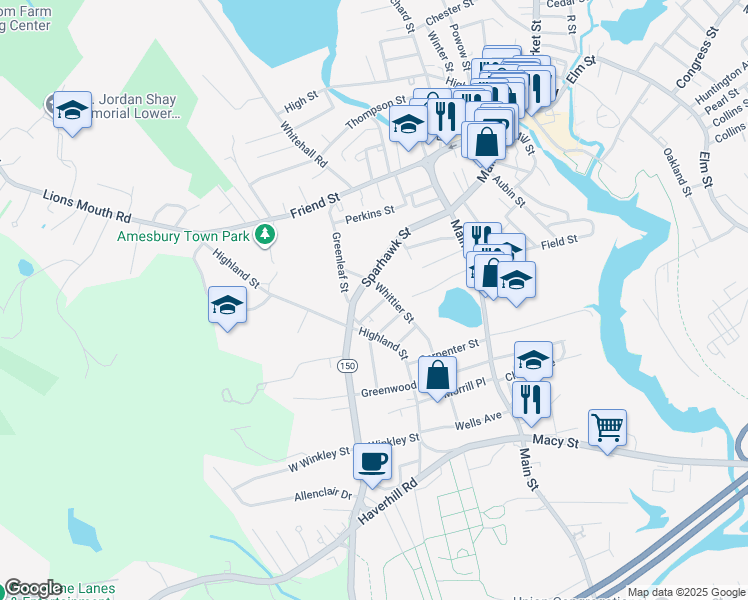 map of restaurants, bars, coffee shops, grocery stores, and more near 35494 Harrison Avenue in Amesbury
