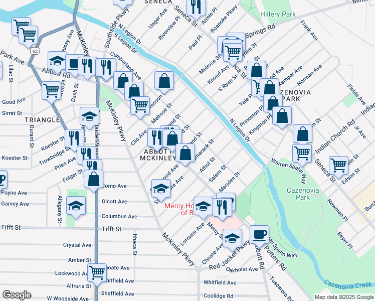 map of restaurants, bars, coffee shops, grocery stores, and more near 21 Portland Street in Buffalo