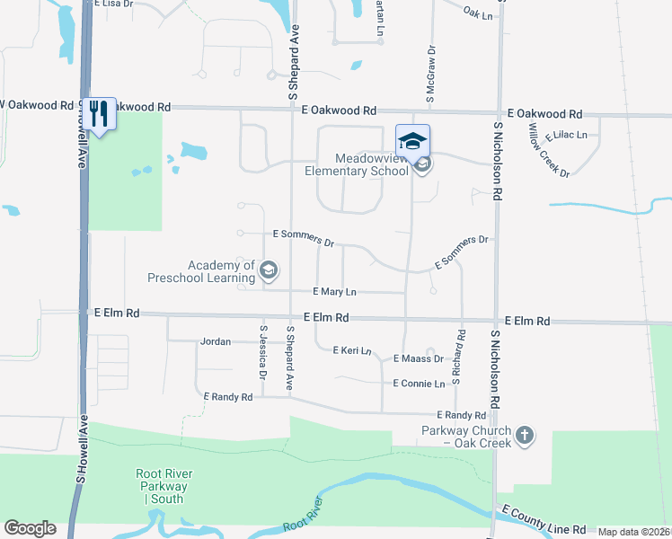 map of restaurants, bars, coffee shops, grocery stores, and more near 10601 South Peggy Drive in Oak Creek