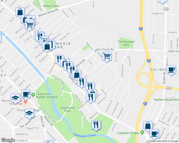map of restaurants, bars, coffee shops, grocery stores, and more near 84 Duerstein Street in Buffalo