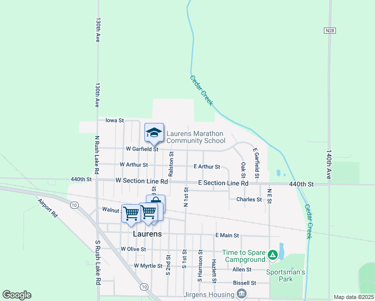 map of restaurants, bars, coffee shops, grocery stores, and more near 100 West Garfield Street in Laurens