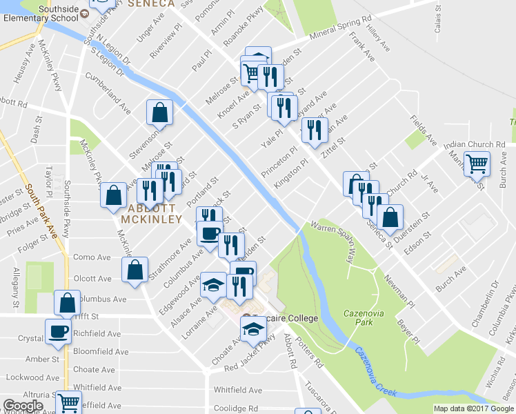 map of restaurants, bars, coffee shops, grocery stores, and more near 92 Salem Street in Buffalo