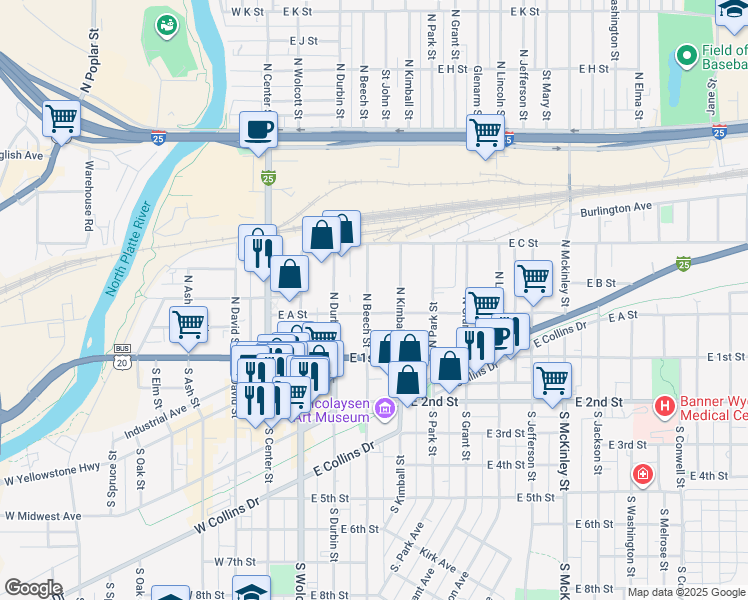 map of restaurants, bars, coffee shops, grocery stores, and more near 230 North Kimball Street in Casper