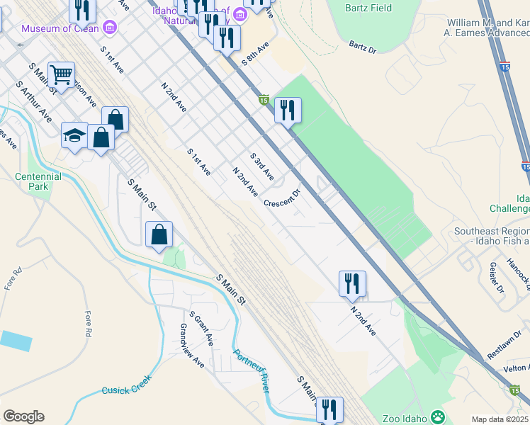 map of restaurants, bars, coffee shops, grocery stores, and more near 1771 South 2nd Avenue in Pocatello