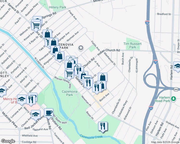 map of restaurants, bars, coffee shops, grocery stores, and more near 31 Hillside Avenue in Buffalo