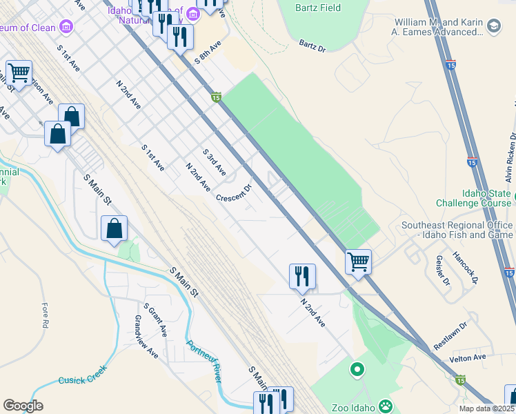 map of restaurants, bars, coffee shops, grocery stores, and more near 1856 South 3rd Avenue in Pocatello