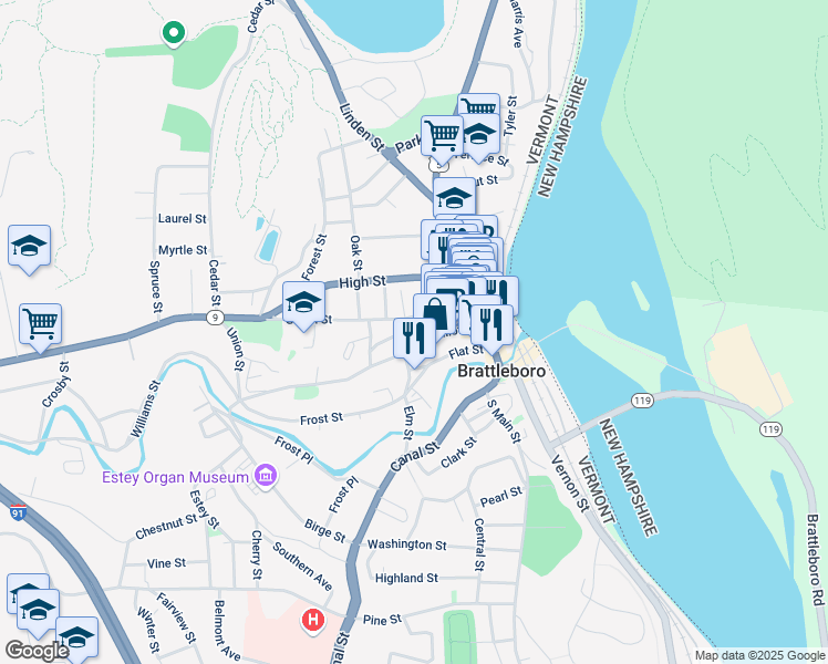 map of restaurants, bars, coffee shops, grocery stores, and more near 14 Church St in Brattleboro