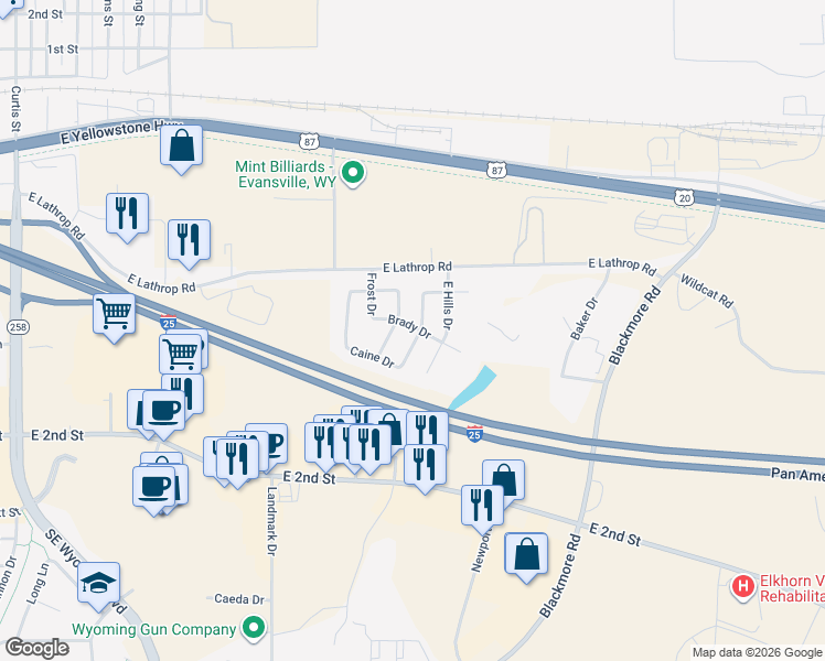 map of restaurants, bars, coffee shops, grocery stores, and more near 137 Brady Drive in Evansville