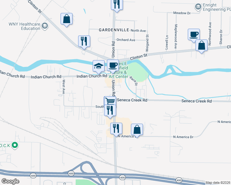 map of restaurants, bars, coffee shops, grocery stores, and more near 1899 New York 277 in West Seneca