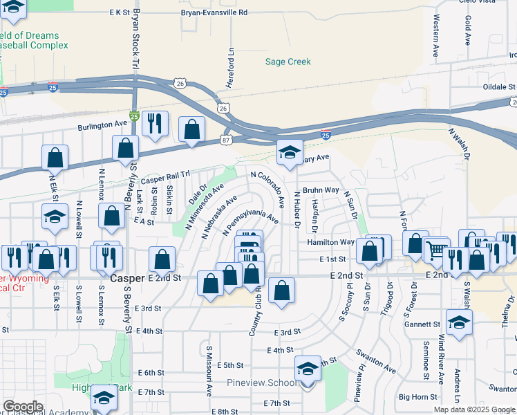map of restaurants, bars, coffee shops, grocery stores, and more near 292 North Pennsylvania Avenue in Casper