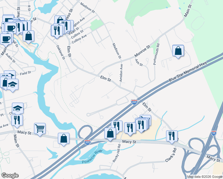 map of restaurants, bars, coffee shops, grocery stores, and more near 6 Cote Street in Amesbury