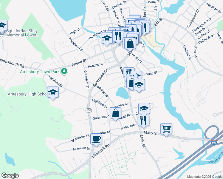 map of restaurants, bars, coffee shops, grocery stores, and more near 19 Mechanics Row in Amesbury