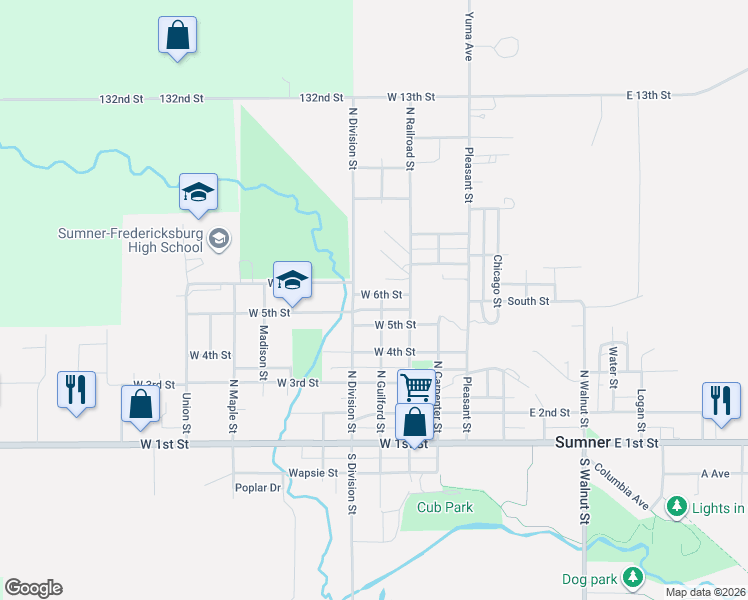 map of restaurants, bars, coffee shops, grocery stores, and more near 209 West 6th Street in Sumner