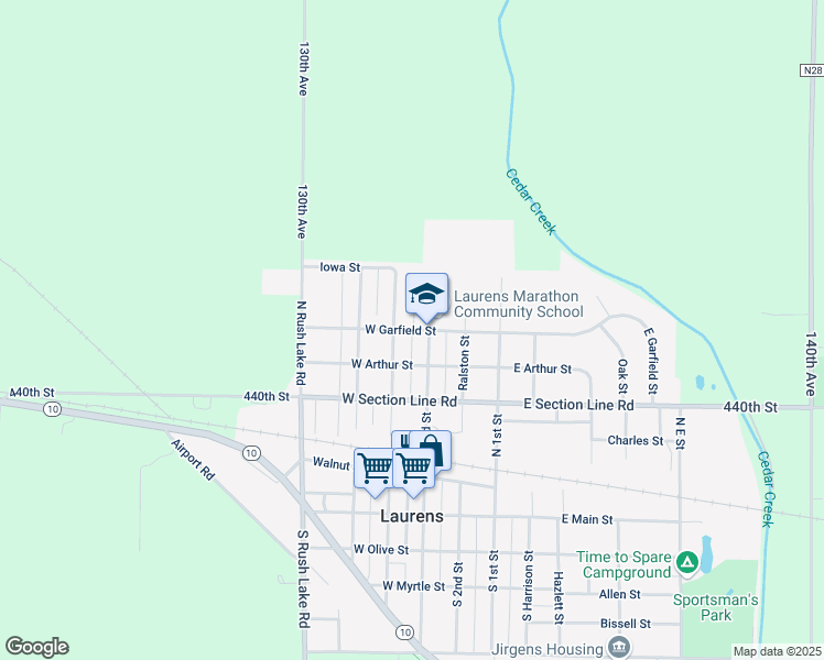 map of restaurants, bars, coffee shops, grocery stores, and more near 316 West Garfield Street in Laurens