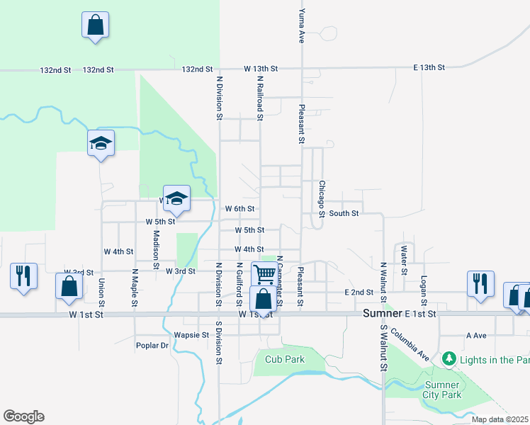 map of restaurants, bars, coffee shops, grocery stores, and more near 510 N Railroad St in Sumner