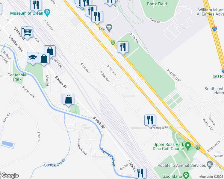 map of restaurants, bars, coffee shops, grocery stores, and more near 1771 South 2nd Avenue in Pocatello
