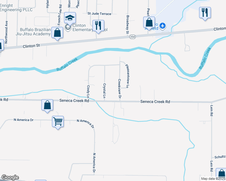 map of restaurants, bars, coffee shops, grocery stores, and more near 16 Creekview Drive in West Seneca