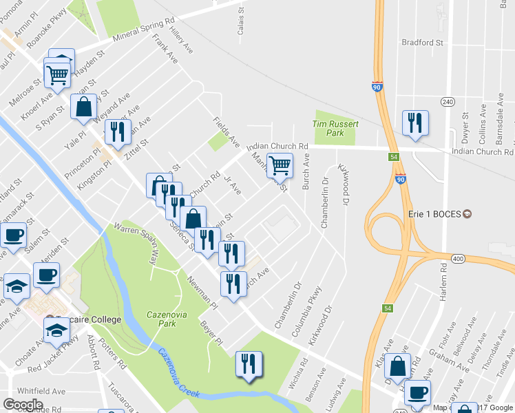 map of restaurants, bars, coffee shops, grocery stores, and more near 124 Edson Street in Buffalo
