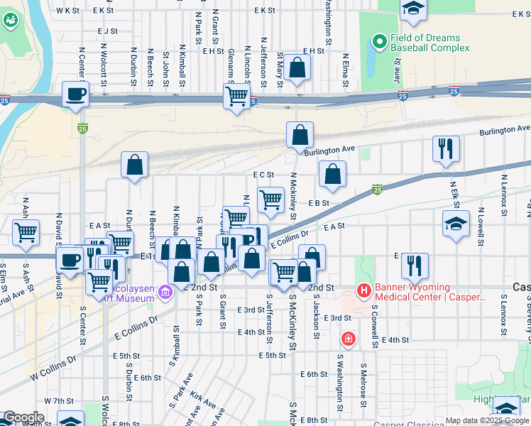 map of restaurants, bars, coffee shops, grocery stores, and more near 224 North Jefferson Street in Casper
