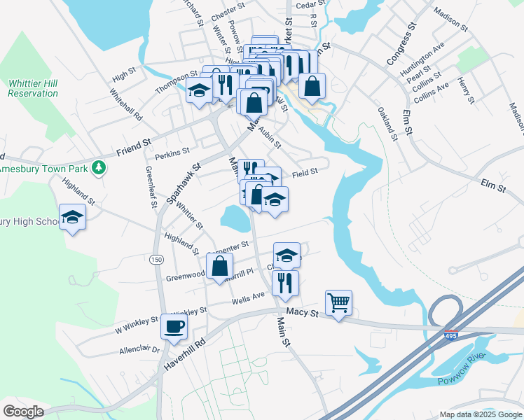 map of restaurants, bars, coffee shops, grocery stores, and more near 194r Main Street in Amesbury