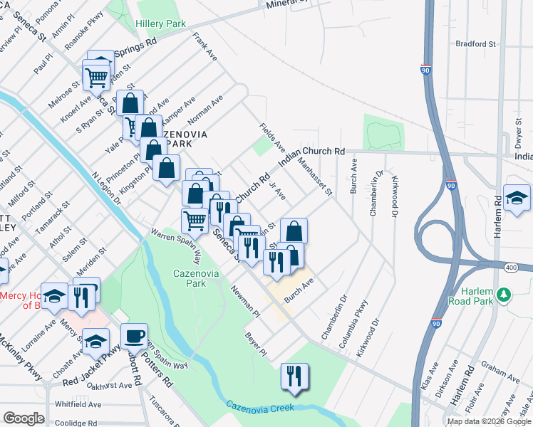 map of restaurants, bars, coffee shops, grocery stores, and more near 31 Hillside Avenue in Buffalo