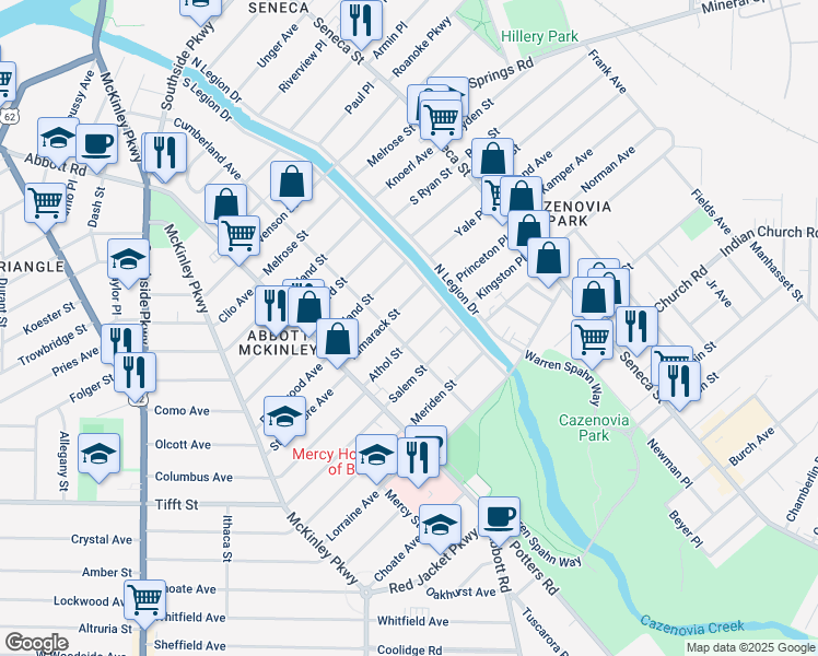 map of restaurants, bars, coffee shops, grocery stores, and more near 82 Athol Street in Buffalo