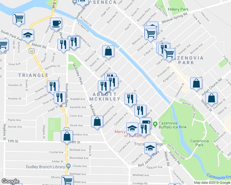 map of restaurants, bars, coffee shops, grocery stores, and more near in Buffalo