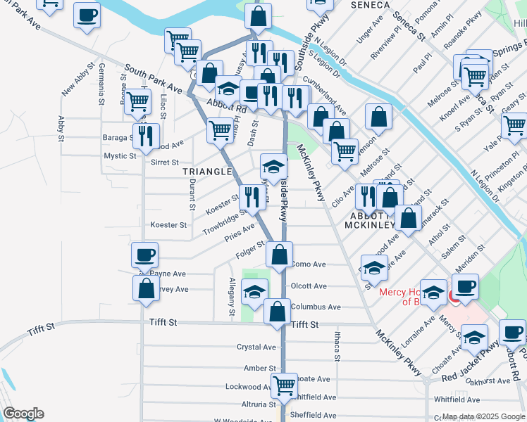map of restaurants, bars, coffee shops, grocery stores, and more near 17 Josie Place in Buffalo