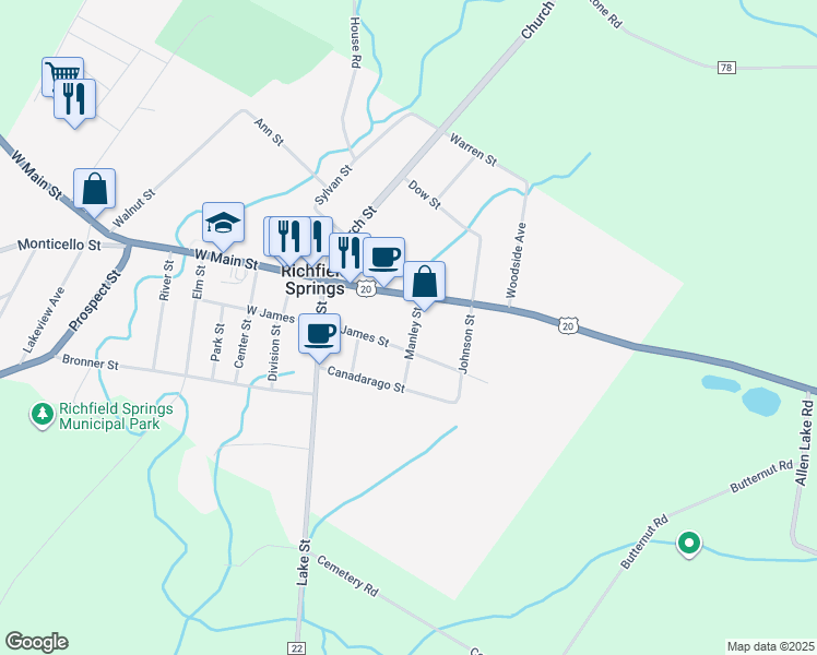 map of restaurants, bars, coffee shops, grocery stores, and more near 12 Manley St in Richfield Springs