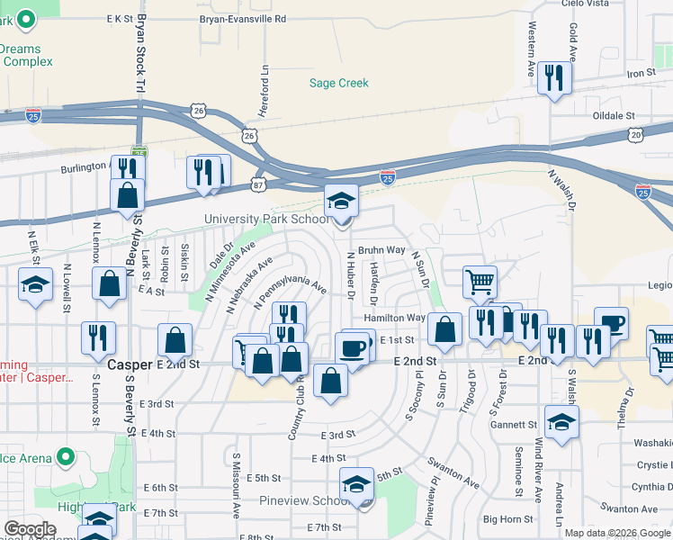 map of restaurants, bars, coffee shops, grocery stores, and more near 232 North Colorado Avenue in Casper