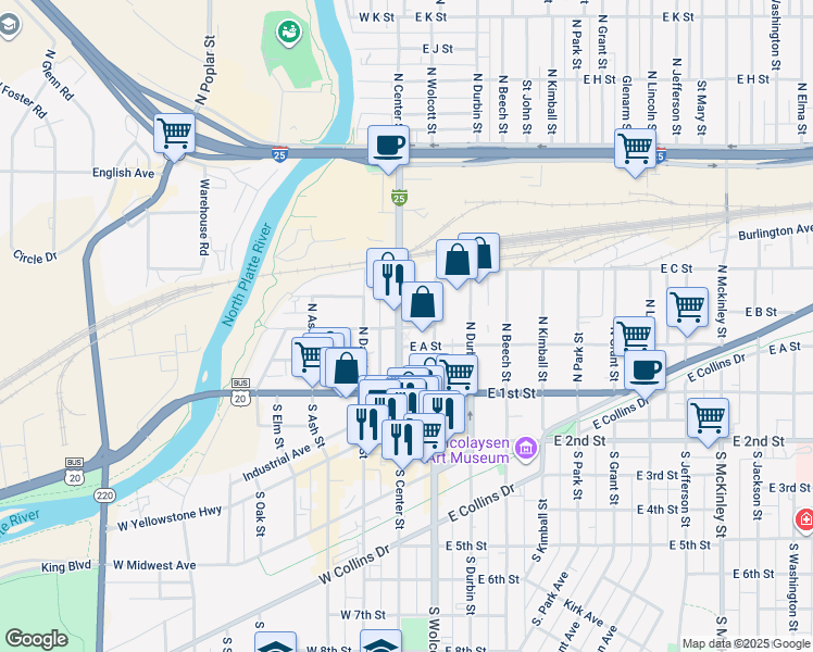 map of restaurants, bars, coffee shops, grocery stores, and more near in Casper