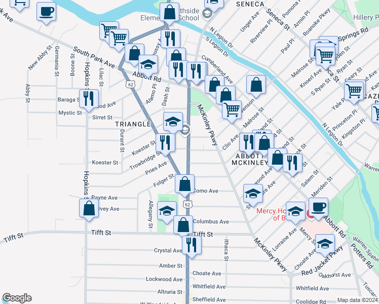 map of restaurants, bars, coffee shops, grocery stores, and more near 121 Southside Parkway in Buffalo