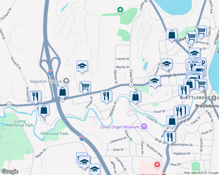 map of restaurants, bars, coffee shops, grocery stores, and more near 137 Vermont 9 in Brattleboro