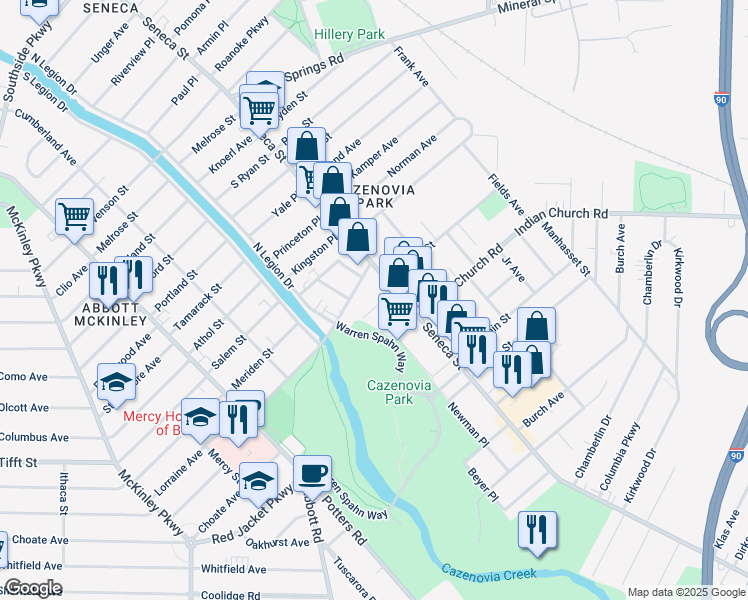 map of restaurants, bars, coffee shops, grocery stores, and more near 26 Seneca Parkside in Buffalo