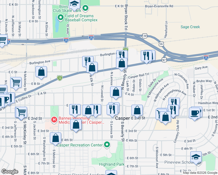 map of restaurants, bars, coffee shops, grocery stores, and more near 209 North Lowell Street in Casper