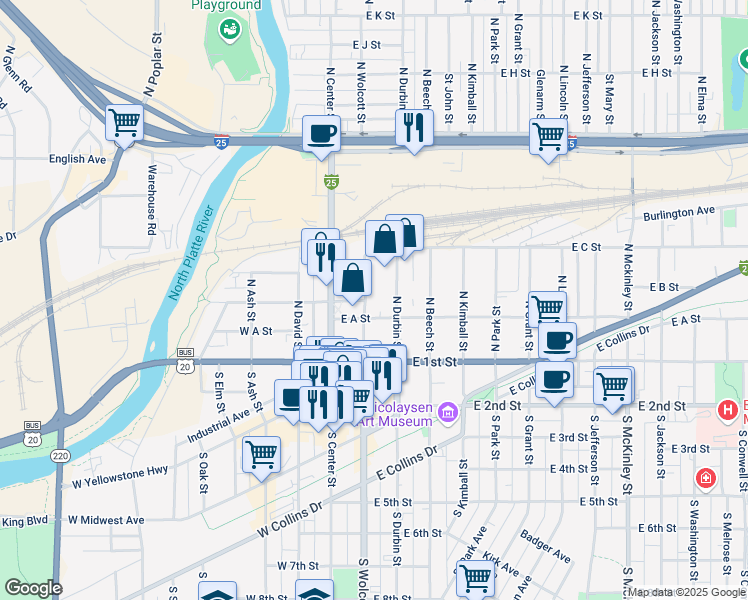 map of restaurants, bars, coffee shops, grocery stores, and more near 225 North Wolcott Street in Casper