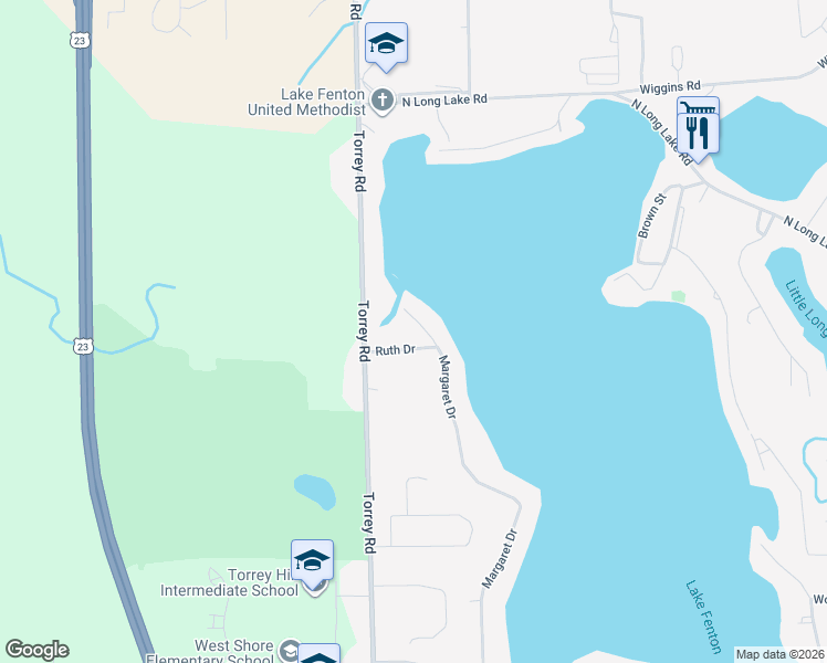 map of restaurants, bars, coffee shops, grocery stores, and more near 12124 Margaret Drive in Fenton