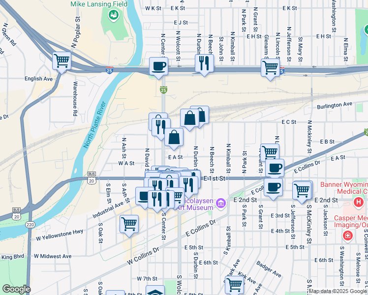 map of restaurants, bars, coffee shops, grocery stores, and more near 225 North Wolcott Street in Casper