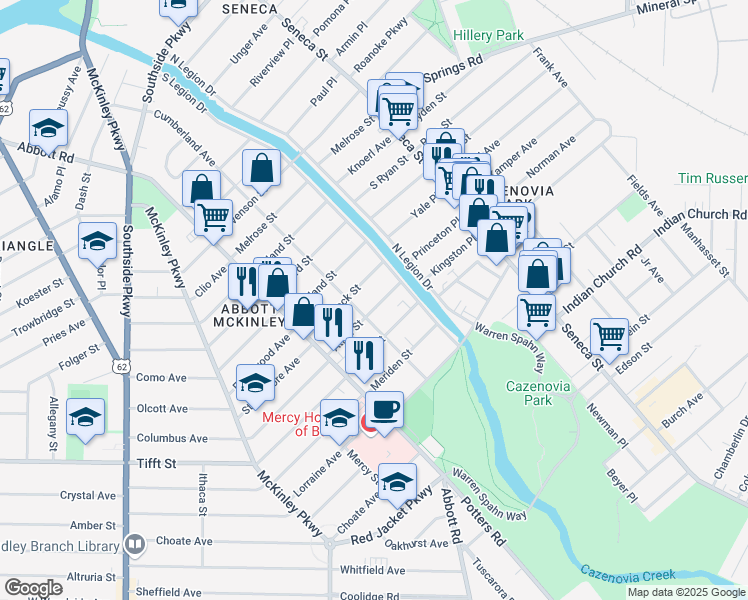 map of restaurants, bars, coffee shops, grocery stores, and more near 82 Athol Street in Buffalo
