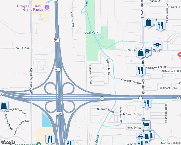 map of restaurants, bars, coffee shops, grocery stores, and more near 398 North Edinberg Drive Southwest in Grand Rapids