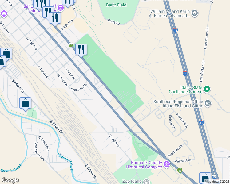 map of restaurants, bars, coffee shops, grocery stores, and more near 4530 South 5th Avenue in Pocatello