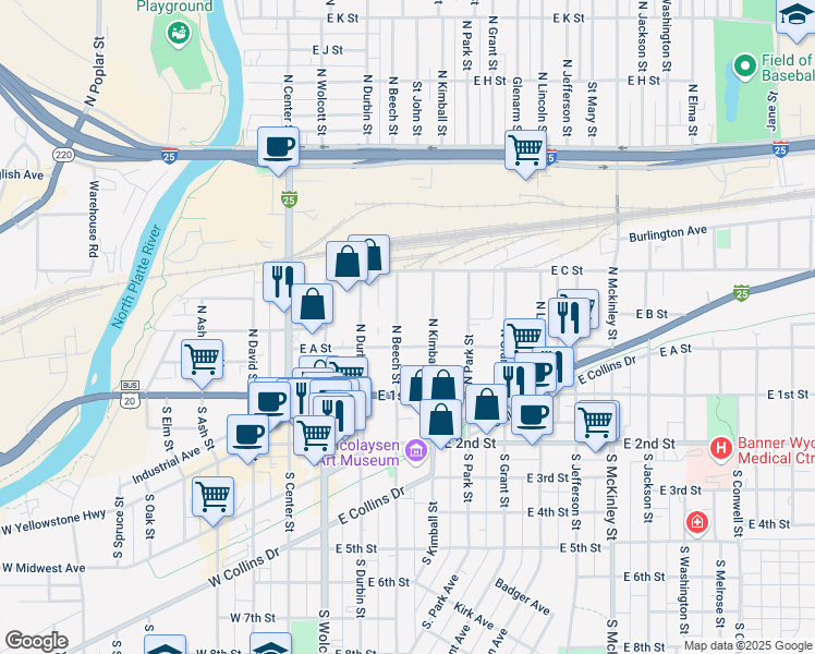 map of restaurants, bars, coffee shops, grocery stores, and more near 227 North Beech Street in Casper