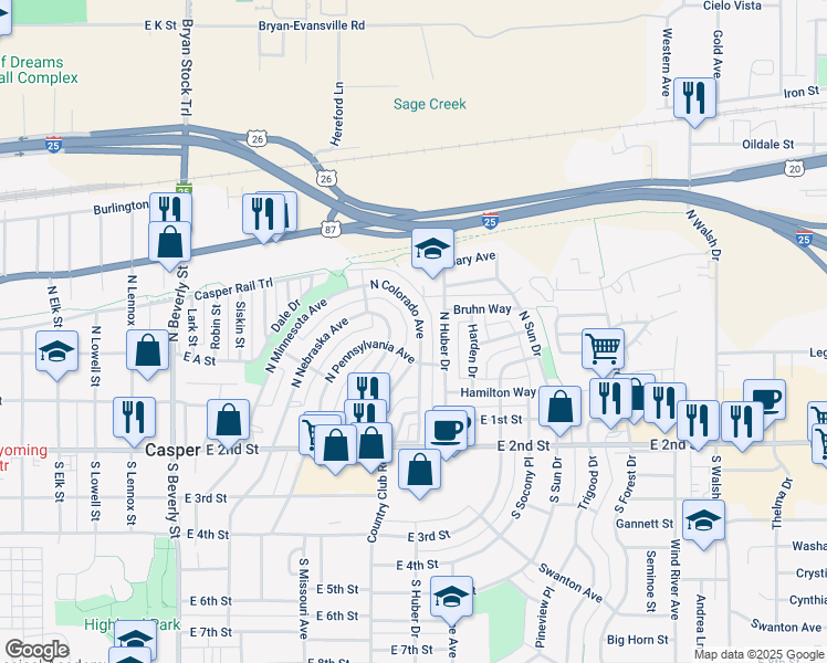 map of restaurants, bars, coffee shops, grocery stores, and more near 232 North Colorado Avenue in Casper