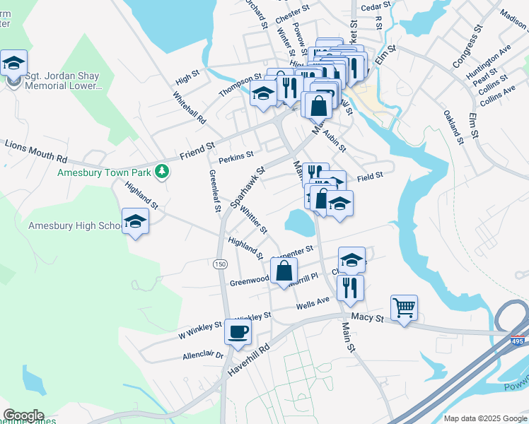 map of restaurants, bars, coffee shops, grocery stores, and more near 19 Mechanics Row in Amesbury