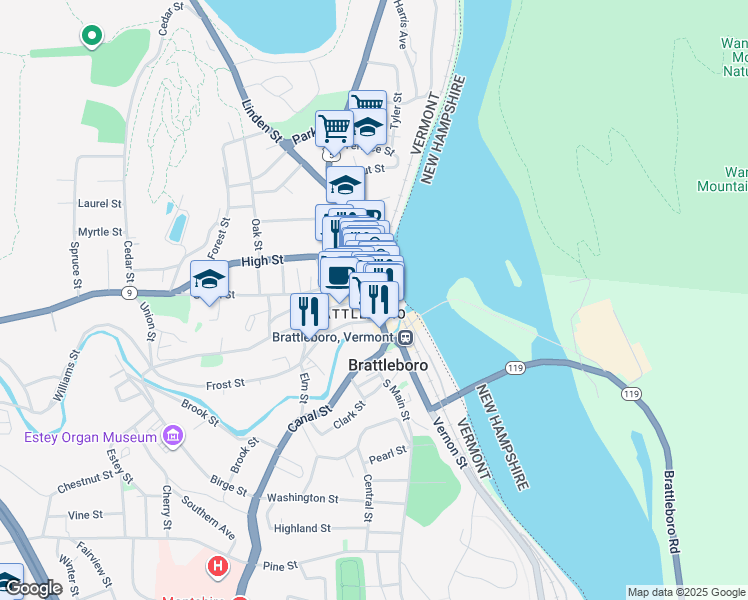 map of restaurants, bars, coffee shops, grocery stores, and more near 82 Main Street in Brattleboro