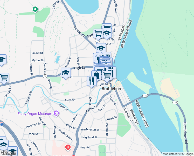 map of restaurants, bars, coffee shops, grocery stores, and more near 69A Elliot Street in Brattleboro