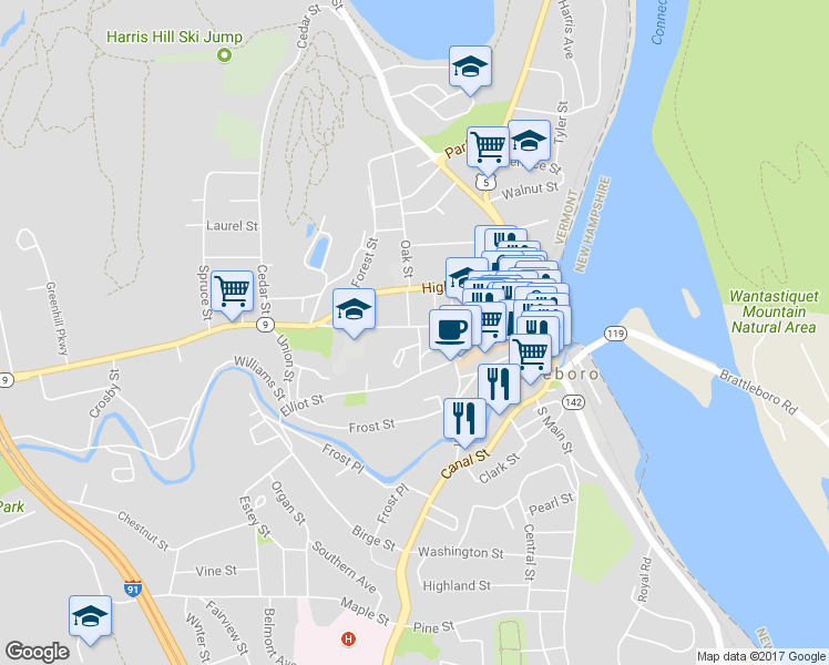 map of restaurants, bars, coffee shops, grocery stores, and more near 7 School Street in Brattleboro